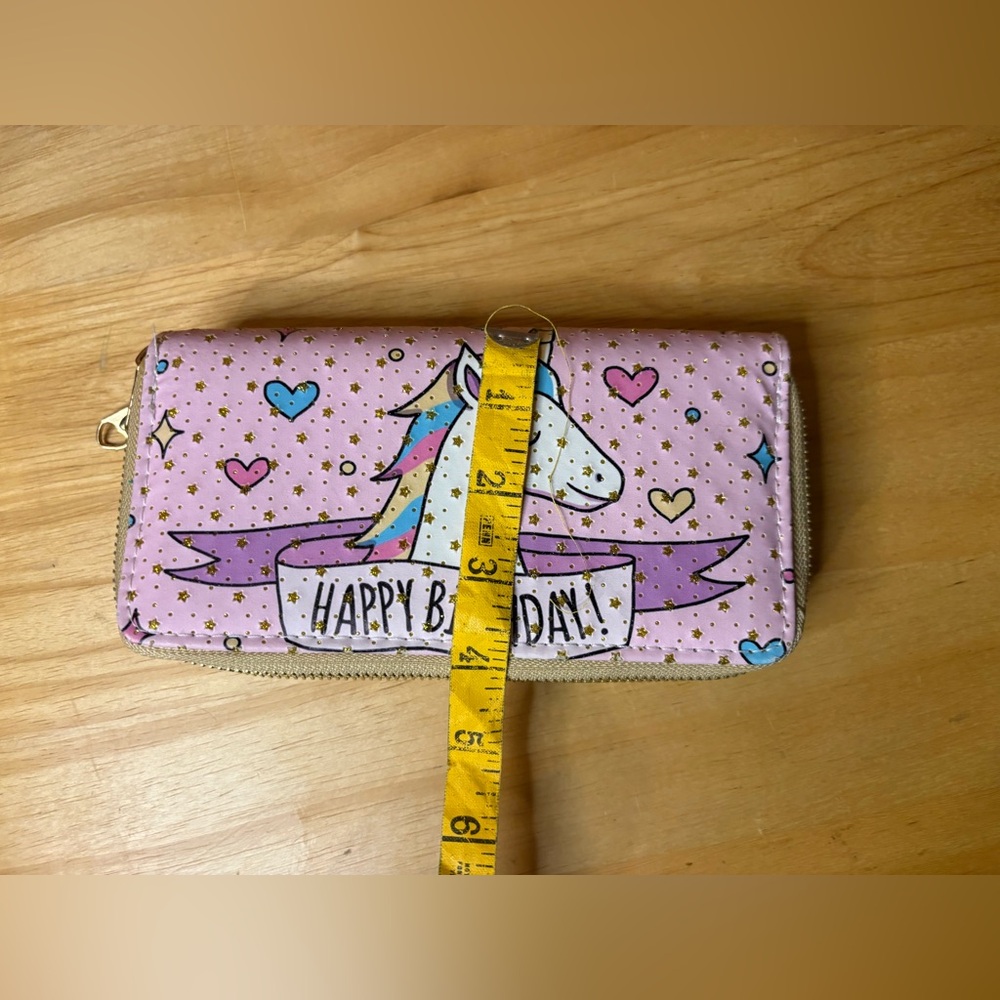 Unicorn Happy Birthday Zip Around Wallet Pink Gold Stars Wristlet Clutch - Picture 8 of 9